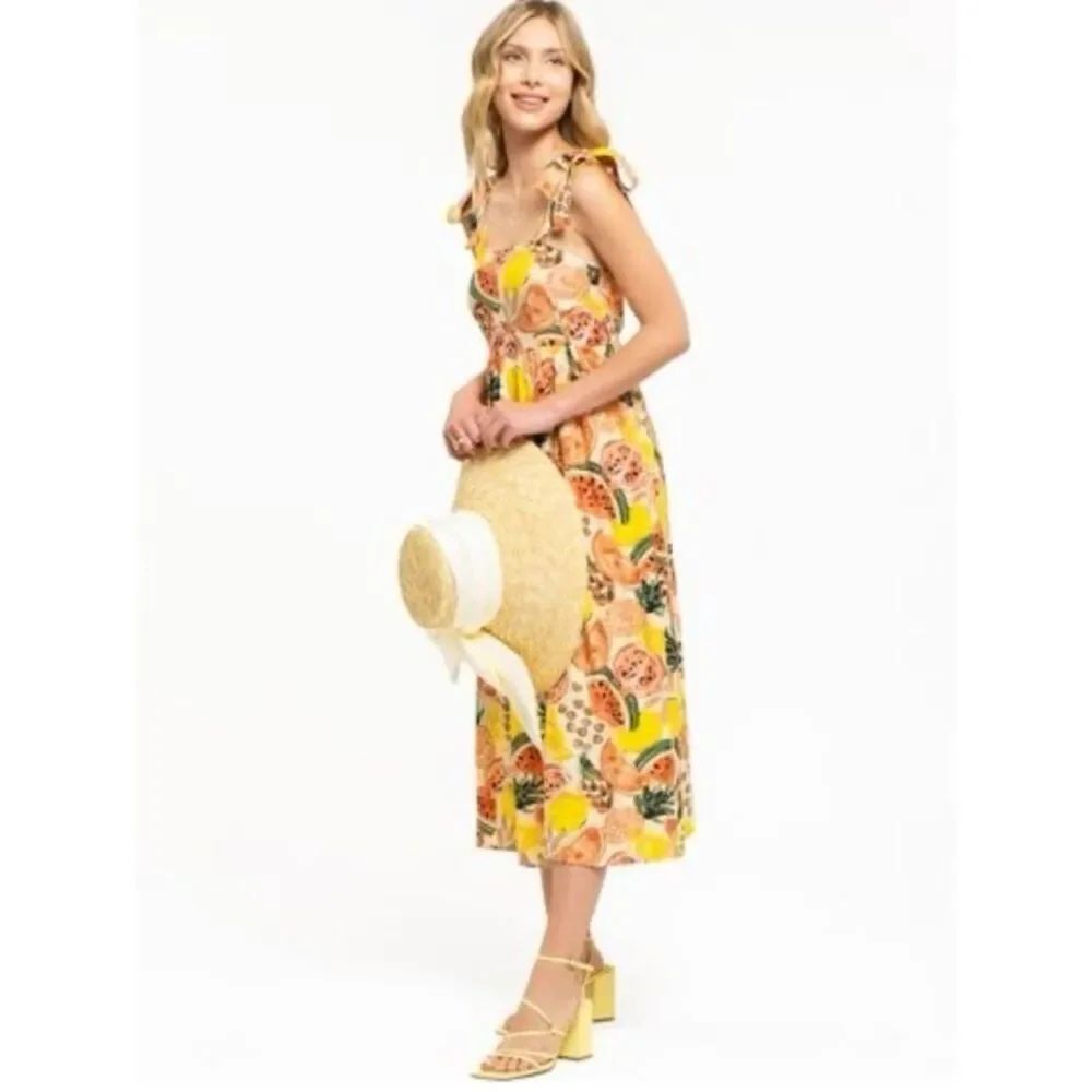 By the River Yellow Fruit-Print Tie-Strap Midi Dress boho vacation